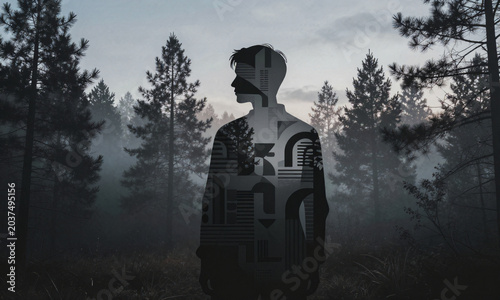wide shot dark foggy forest landscape bathed ethereal blue light twilight towering pine trees silhouetted