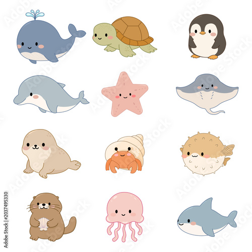 Φωτογραφία Adorable kawaii style cartoon set of cute smiling sea animals on clean white background