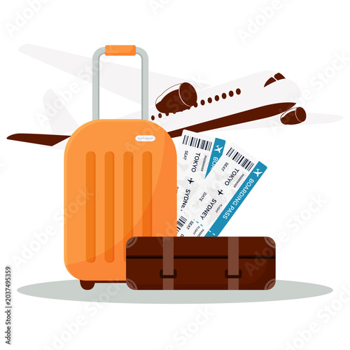 time to travel concept. airplane, luggage and two boarding pass