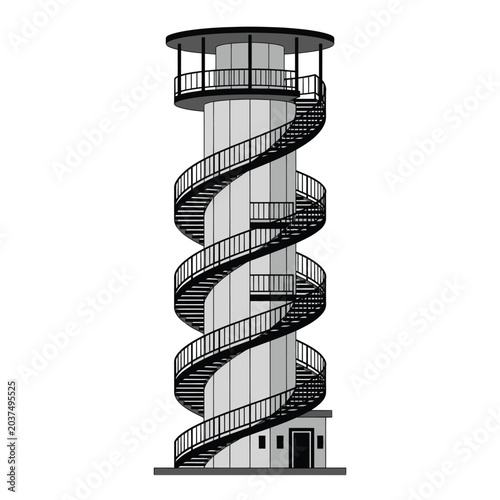 Spiral staircase tower with railing.