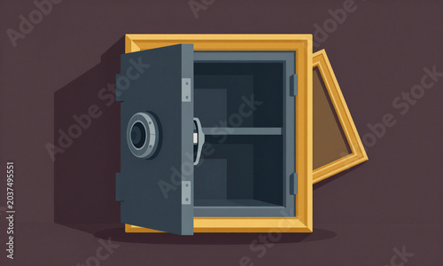 captures dimly lit study open empty wall safe revealed behind tilted gold picture frame casting soft glow
