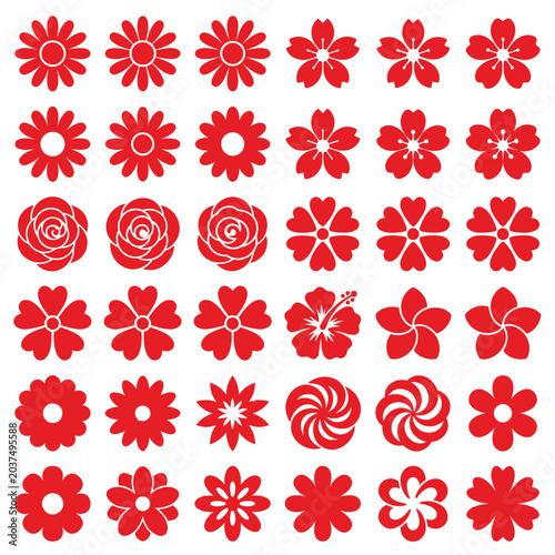 Red flower shapes icons on white.