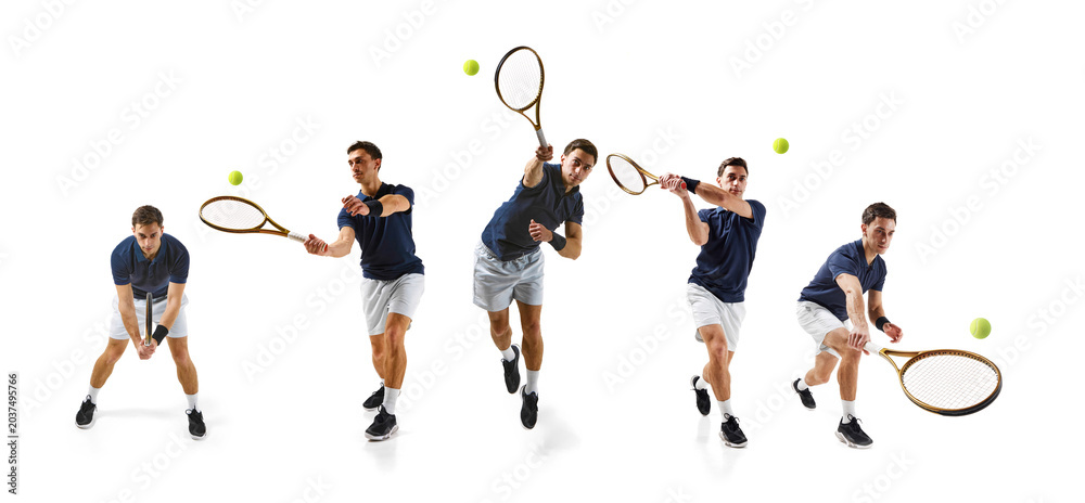 Naklejka premium Navy tennis player motion sequence with racket swings and ball trajectory. Concept of technique analysis, sports academy content, coaching guide, fitness app, and tennis poster design.