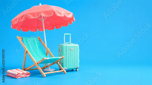 3D summer beach setup with umbrella, chair and suitcase on a blue background.