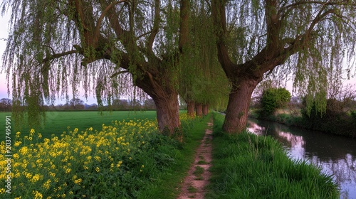 towpath. Ancient canal towpath lined with wildflowers and willows under golden hour light. travel magazines, destination branding, designed for outdoor magazines and nature guides.