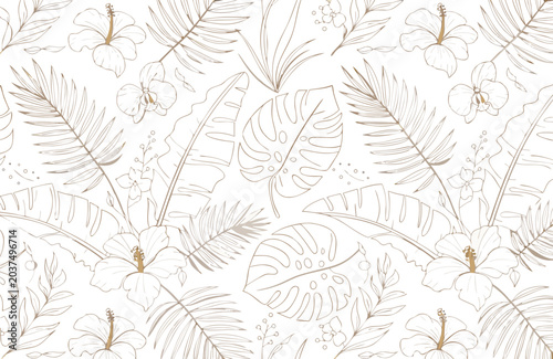 Tropical floral pattern with hibiscus and palm leaves in delicate line art style isolated on white background