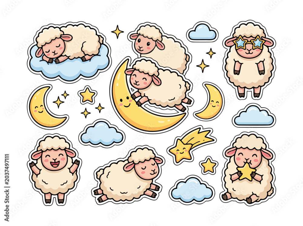 Fototapeta premium Cute cartoon sheep characters with moons, stars, and clouds in a pastel kawaii style, perfect for nursery and bedtime themes.