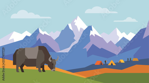 Fotografi Yak grazing in mountainous landscape with tents.