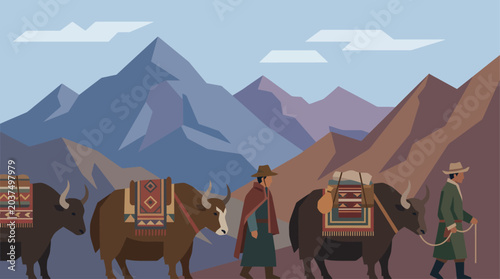 Fotografija traditional people with yak on mountain.