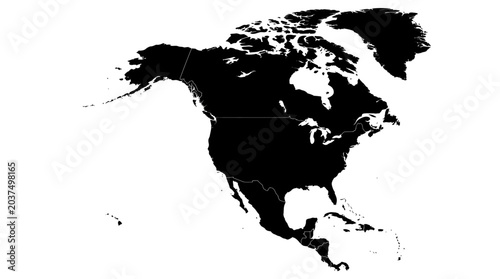Black silhouette map of North America continent.