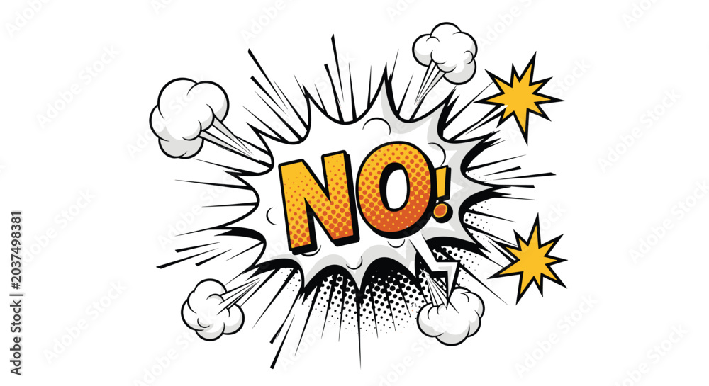 Naklejka premium Dynamic comic book style speech bubble featuring the word no in bold letters with explosion background and halftone dots effect.