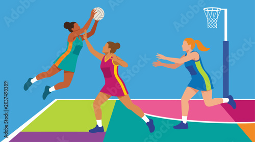 Bild auf Leinwand Women playing netball on colorful court.