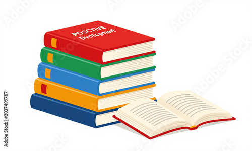 stack glossy personal development books arranged shallow gradient clean white studio backdrop soft diffused