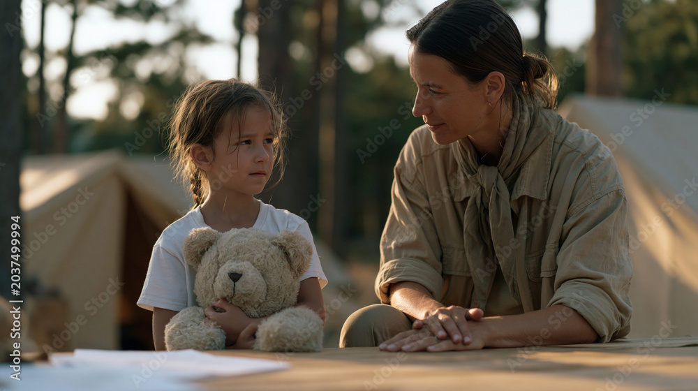 © forenna - Nervous seven-year-old clutching a stuffed bear at a lakeside summer camp registration table, counselor kneeling to eye level in warm morning light, pine trees and canvas tents behind them, first-da