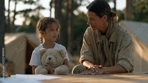Nervous seven-year-old clutching a stuffed bear at a lakeside summer camp registration table, counselor kneeling to eye level in warm morning light, pine trees and canvas tents behind them, first-da