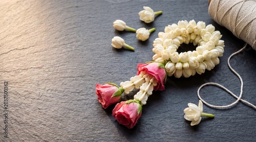 Traditional Thai Phuang Malai: Jasmine and Rose Garland on Dark Slate
