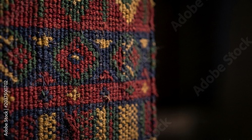 Close-up of Vibrant Hand-Woven Textile Texture with Traditional Pattern