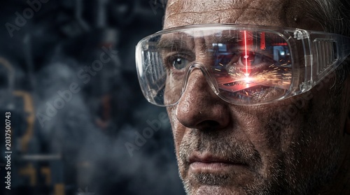 Focused Engineer with Laser Cutting Reflection in Safety Glasses
