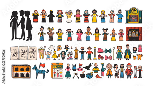 Quadro su tela Puppet Show Characters and Props: A vibrant collection of cartoon-style puppets, characters, and stage elements, ready to bring imaginative stories to life