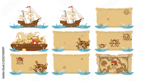 Foto Pirate Treasures and Maps: A collection of nautical-themed graphic elements featuring pirate ships, treasure chests overflowing with gold coins