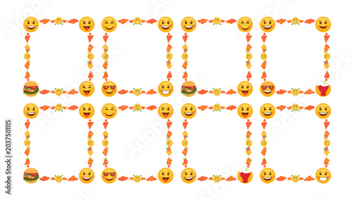 Fotografi Party Frames: A playful collection of decorative frames adorned with cheerful emojis, mouth-watering burgers, crispy fries, and refreshing drinks