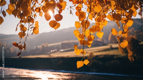 path. Golden autumn landscape bathed in warm sunlight, featuring serene nature and falling leaves. representing seasonal cycles and harvest abundance.