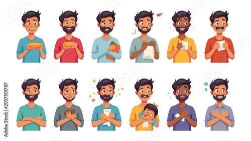 Tableau sur toile Diverse Emotions of a Man: A collection of illustrations showcasing a single man expressing a wide range of human emotions, from happiness and surprise to concern and affection