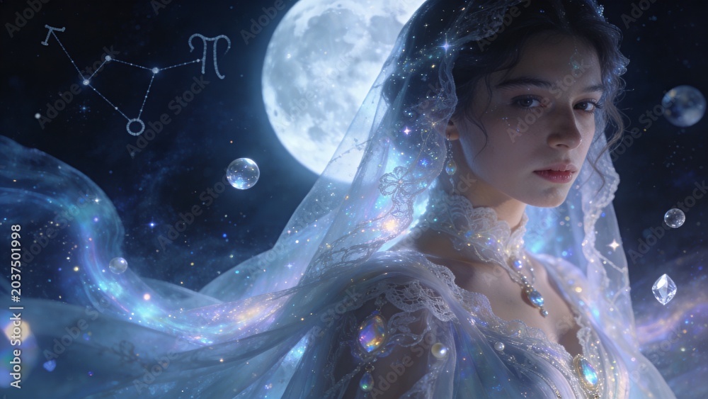 Obraz premium Moonlit portrait of woman in celestial veil with constellation — fantasy and editorial background