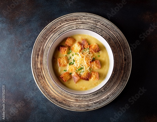 traditional french onion soup topped with cheesy croutons shown from a top view with selective focus