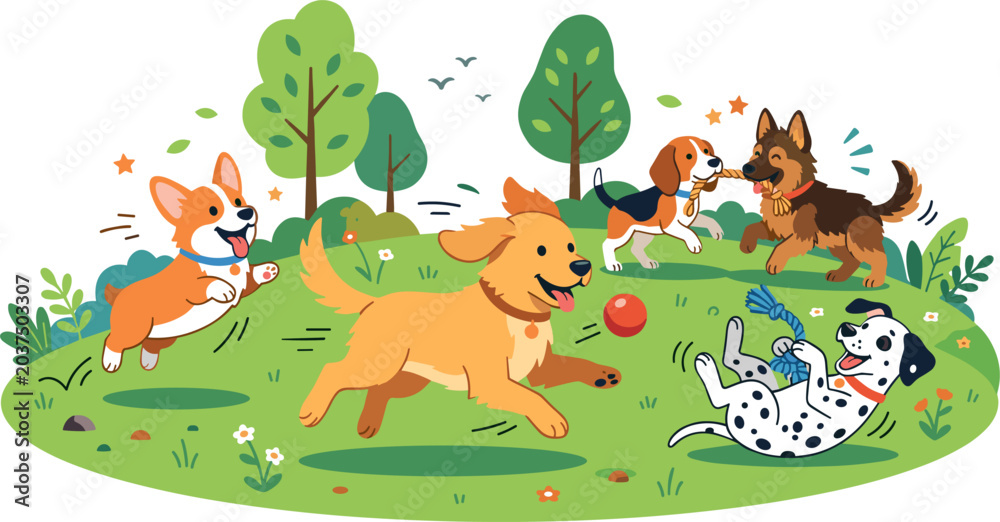 Fototapeta premium Playful dogs including Golden Retriever, Dalmatian, Corgi, Beagle, and German Shepherd running and playing outdoors flat vector illustration