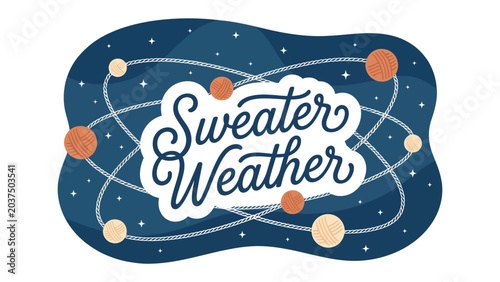 Cosmic Comfort: Sweater Weather text art set against a whimsical celestial backdrop of stars and planets, evoking a cozy, atmospheric feeling.