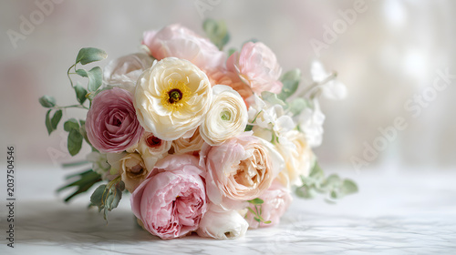 Soft pastel bouquet garden roses peonies ranunculus eucalyptus delicate floral arrangement romantic wedding centerpiece