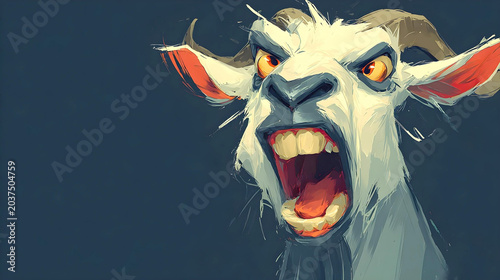 a menacing white goat screams with an enormous open mouth, baring large teeth and intense amber eyes, rendered in a dynamic painterly comic style
