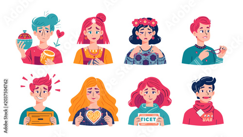 Foto Diverse Emotions and Hobbies: A collection of stylized, colorful portraits depicting individuals engaged in various hobbies and expressing a spectrum of emotions