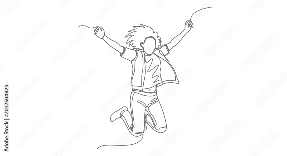 Fototapeta premium Joyful Person Jumping With Arms Up, Continuous Line Art