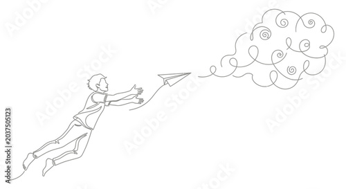 Photos Dreamer boy launching paper airplane towards swirling cloud, concept of imaginat