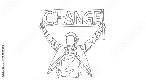 Cuadro en lienzo Person holding banner with CHANGE text, continuous line drawing, revolution, p