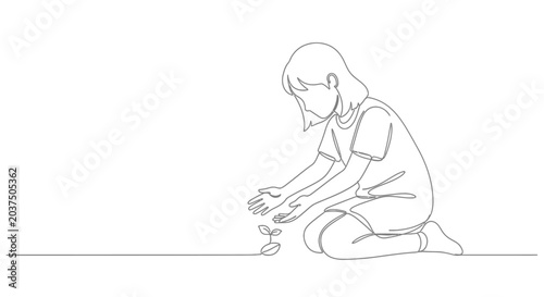 Obraz na płótnie Child nurturing a seedling, continuous line drawing, growth concept