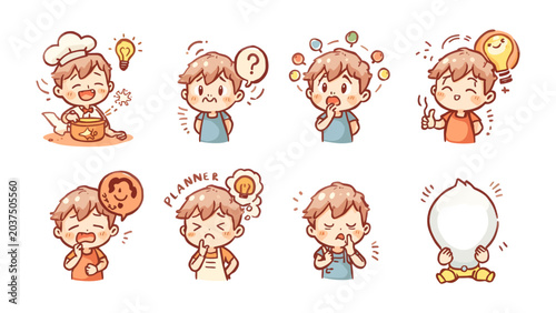 Cuadro en lienzo Chibi Character Emotions: A collection of charming chibi characters expressing a range of emotions, from joy and confusion to deep thought and sudden realization