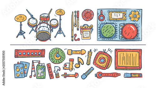Foto Music Mania Collection: A vibrant assortment of musical instruments and related accessories, depicted in a whimsical, hand-drawn illustration, promising creative expression and sonic exploration