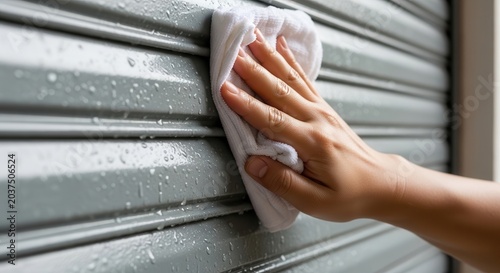 Close-up of a hand wiping down a wet metal garage door with a white cloth.