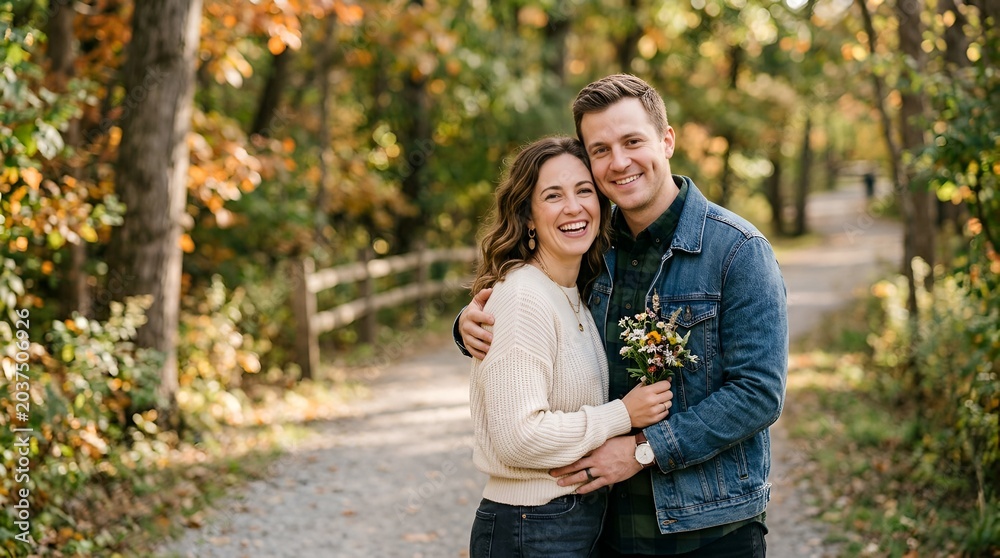 Fototapeta premium Happy Couple Embracing in Autumn Park with Colorful Foliage