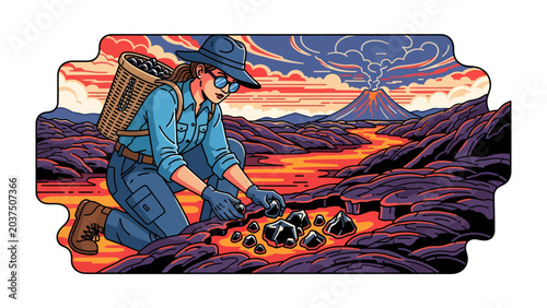 Tableau sur toile Volcanic Expedition: A geologist carefully collects rock samples near a molten lava flow, with a smoking volcano erupting in the background under a dramatic sky