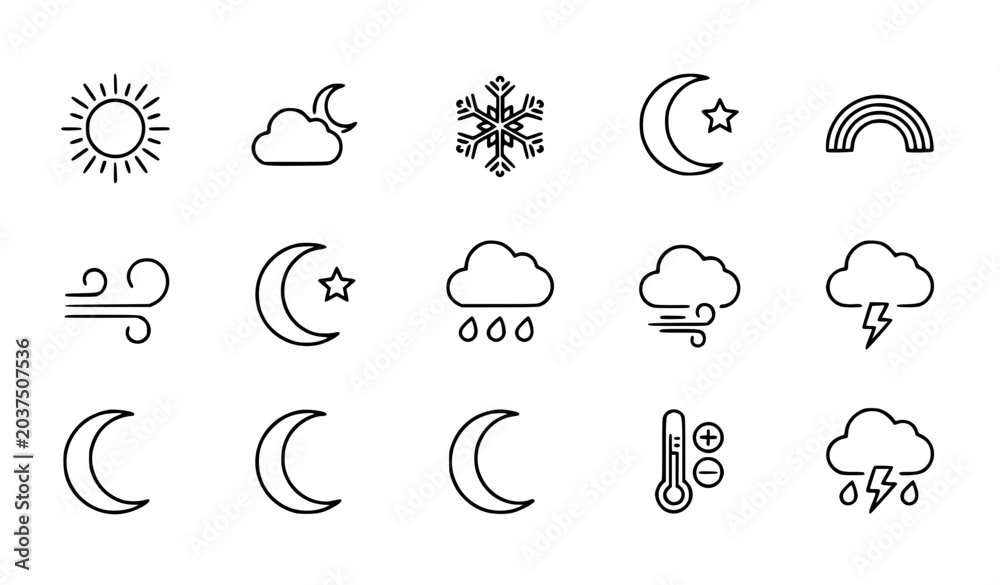 Obraz premium Climate and forecast outline icon collection vector illustration