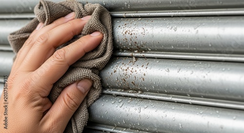 Close-up of a hand wiping down a wet metal roller shutter door with a cloth.
