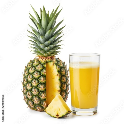 Fresh pineapple juice in a glass with whole fruit and slice