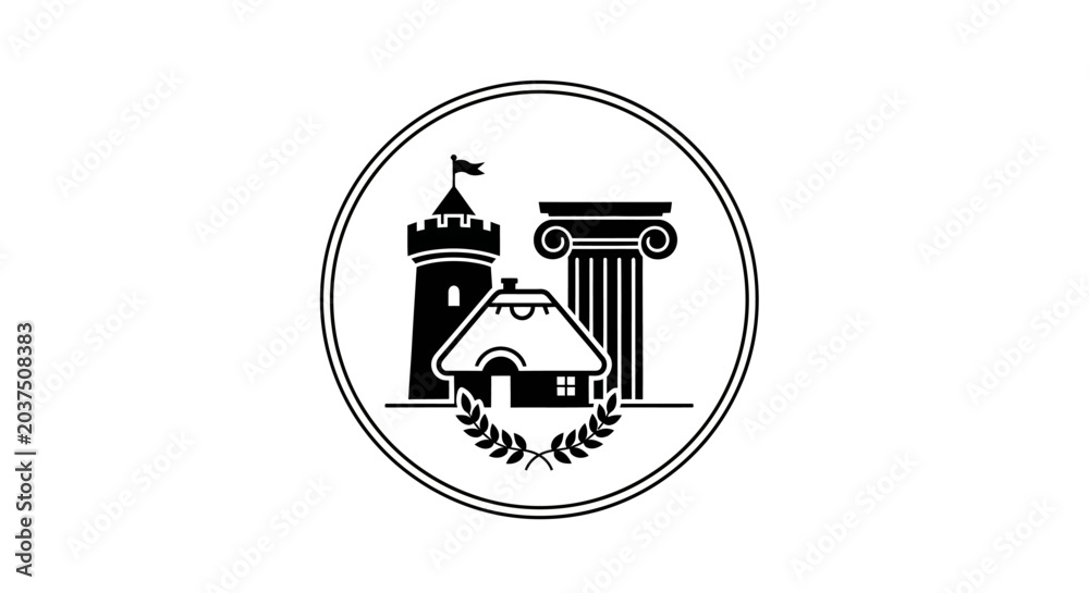 Naklejka premium Black and white circular logo featuring a castle tower house and classical column.