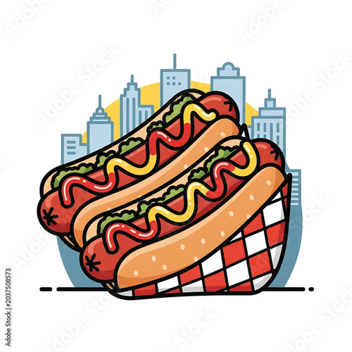 Foto Hot dogs with ketchup and mustard.