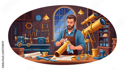 Photos Stargazer's Workshop: A craftsman meticulously polishes a brass telescope component in his dimly lit workshop, surrounded by tools and celestial maps