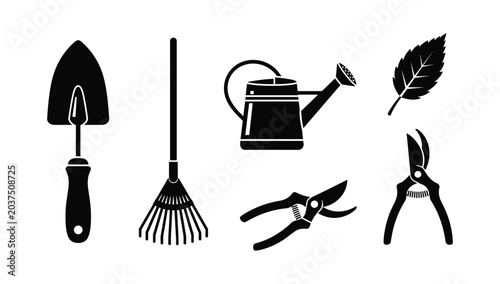 Tableau sur toile Essential gardening tools trowel rake watering can leaf and pruning shears illus